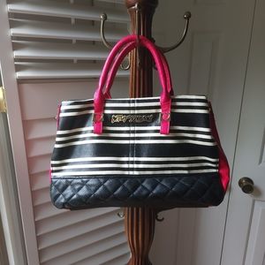 NWOT Betsey Johnson Black and White Striped Purse Bag Pocketbook w/ Pink Accents